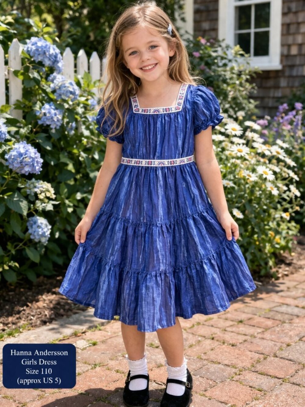Hanna Andersson Girls Blue Tiered Dress Size 110 Puff Sleeve Embroidered Trim
